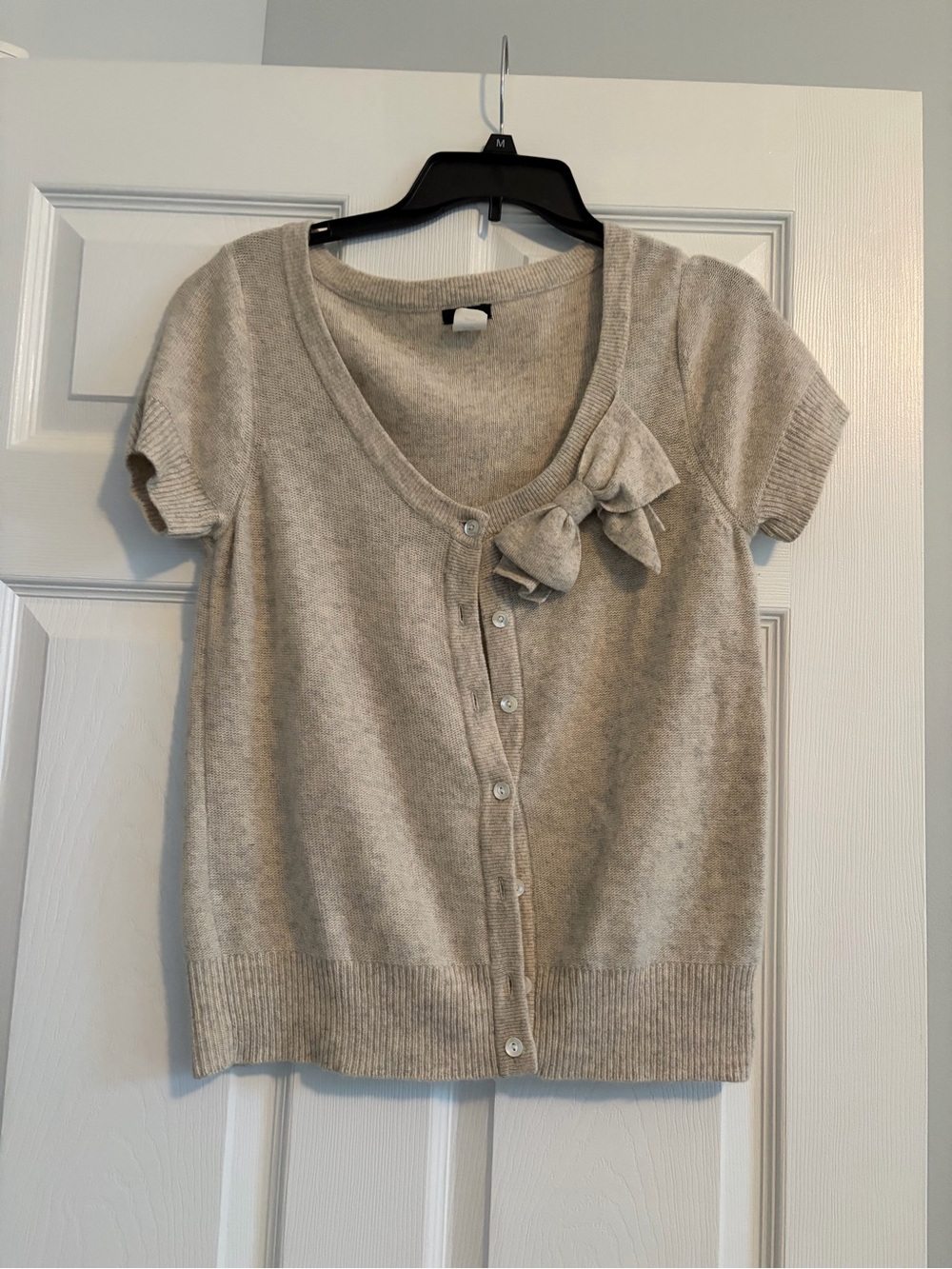 J. Crew Cream Short-Sleeve Button Cardigan with Decorative Bow EUC